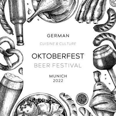Oktoberfest background. German food and drinks menu design. Vector meat dishes sketches. German cuisine frame. Beer festival black and white illustration in sketched style. Oktoberfest party